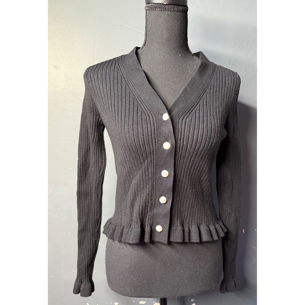 Commense Black Ribbed Peplum Cardigan Ruffle Cuff Button Front V-Neck Large